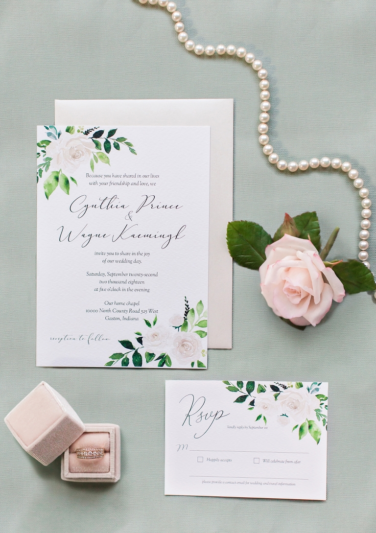 Intimate Muncie Indiana Wedding, Indianapolis Wedding Photography, calligraphy watercolor wedding invitations, wedding ring, pearl necklace